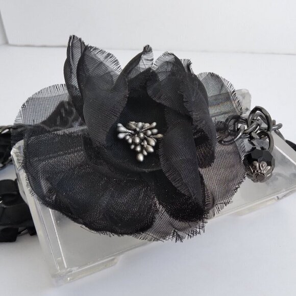 Black Dahlia Flower Taffeta Ruffle Over Gunmetal Chain Bead Belt main image 6
